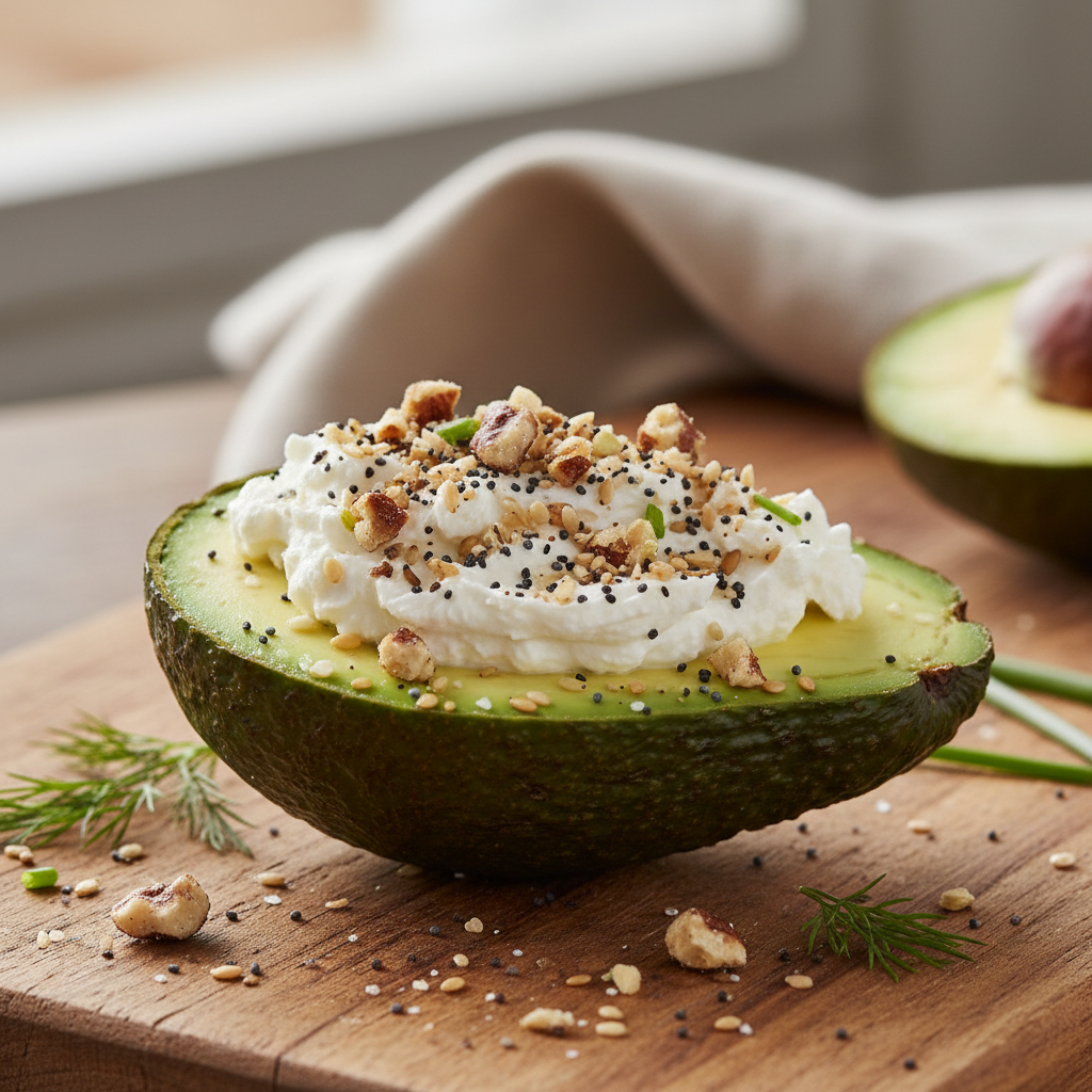 Avocado with Cream Cheese and Everything Nuts