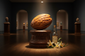Golden roasted nut museum display with vanilla bottle